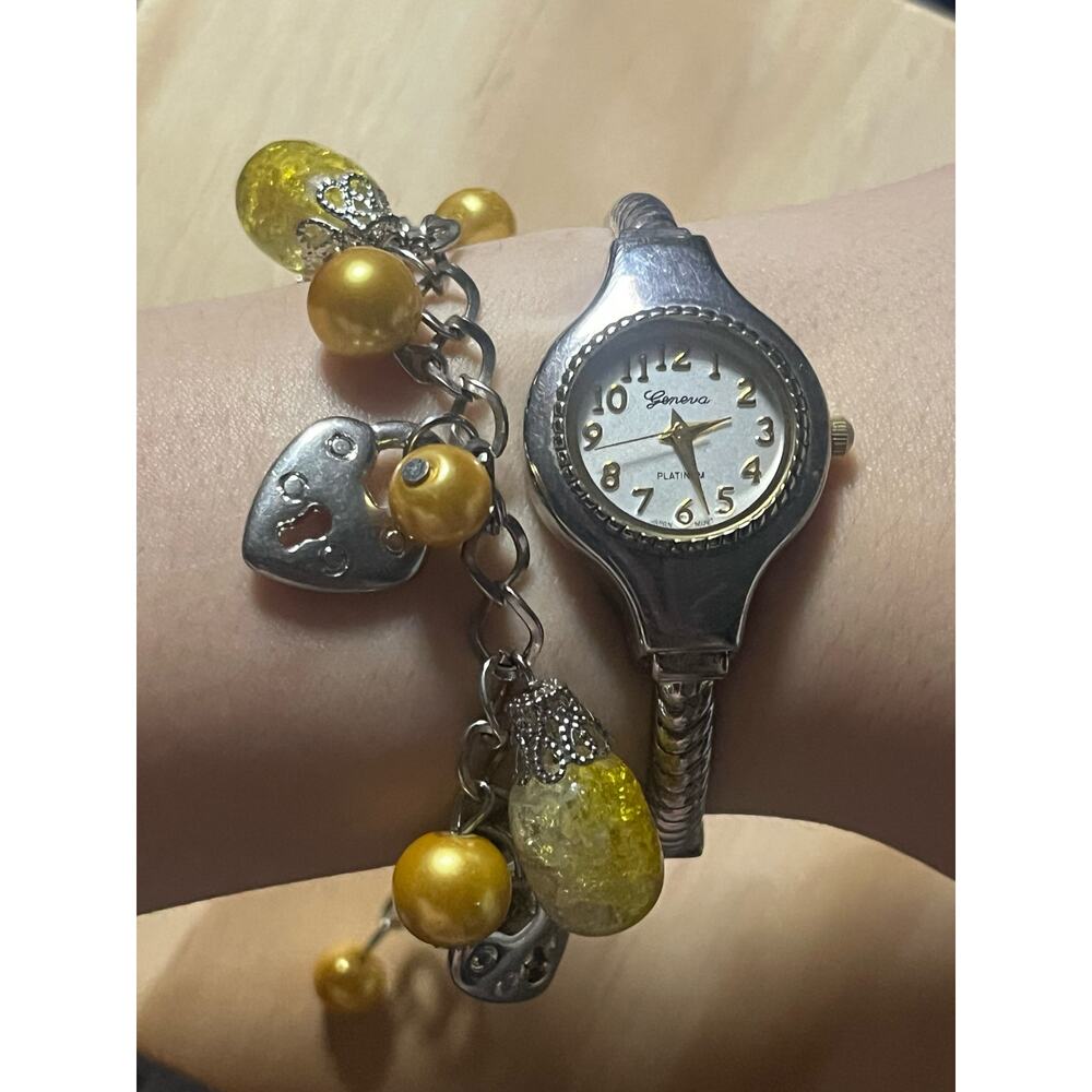 Elegant Geneva Watch + Charm Bracelet Set Gold Beads Heart Dangle NEW Batt